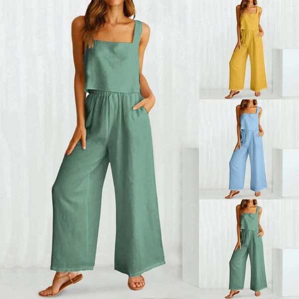 Calças femininas de duas peças Mulheres 2 Outfits Quadrado Pescoço Linho Tanque Crop Top Wide Leg Pantsuit para Mulheres Dressy 1940s Macacão Mulher Suites