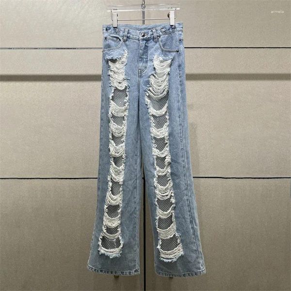 Calças jeans femininas 2023 outono moda coreana strass malha retalhos algodão oco para fora desenho rasgado perna larga y2k