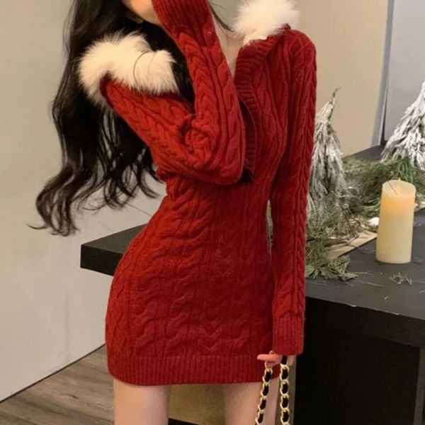 Vestidos sexy urbanos vermelho camisola de malha vestido com capuz mulheres magro bodycon y2k mini vestido de pele falsa vestido feminino coreano elegante inverno 231206