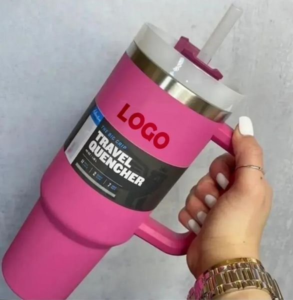 Com logotipo DHL Hot Pink pronto para enviar canecas de 40 onças Tumbler com alça Tumblers isolados Tampas de palha de aço inoxidável Café Termos Cup u1016