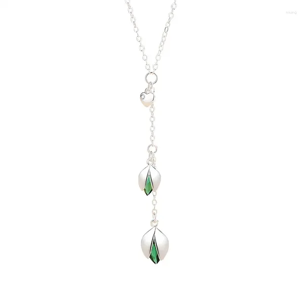 Catene Collana in argento sterling S925 con pistacchio, serie piccola foresta di lusso leggera, pendente con zirconi verdi, catena con colletto con nappa