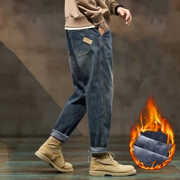 Женские джинсы KSTUN, теплые для мужчин, мешковатые брюки, синие шаровары, утепленные джинсовые брюки, флисовые свободные зимние брюки большого размера 42 231206