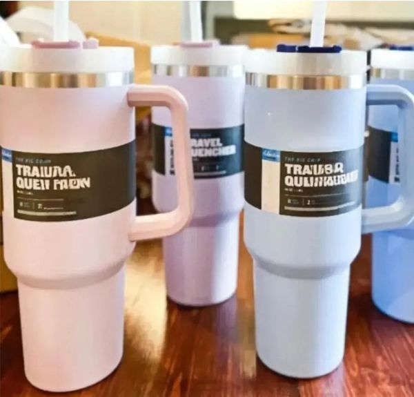 ABD Stok Gül Sıcak Pembe 40 Oz Kupalar Tumbeler Tutlu Yalıtımlı Tumbler Kapakları Saman Paslanmaz Çelik Kahve Termos Kupası 1206