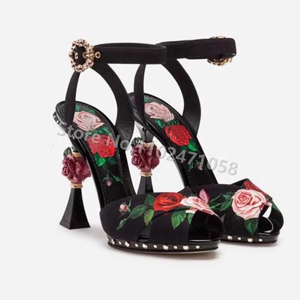 Туфли в стиле ретро, женские сандалии с романтическим цветочным принтом, модные туфли-лодочки на тонком каблуке с гравировкой розы и открытым носком, женские вечерние туфли на высоком каблуке с заклепками 231206