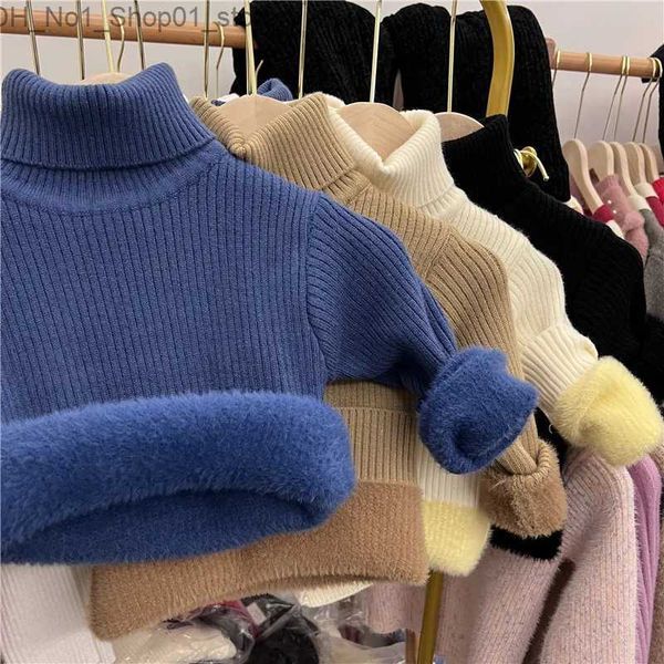 Cardigan bebê mais suéter de veludo meninos meninas quente frio lã bottoming camisa criança média sólida gola alta pulôver suéter 2-10 anos q231206
