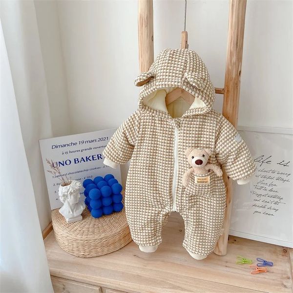 Macacão de inverno bebê menina menino roupas veludo acolchoado macacão estilo coreano urso roupas para bebê nascido meninas itens traje 231206