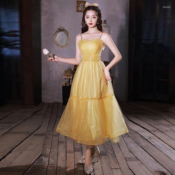 Vestidos de festa amarelo vestido de noite espaguete cinta sem alças tornozelo comprimento elegante simples ruched a linha plus size feminino vestido formal c1668