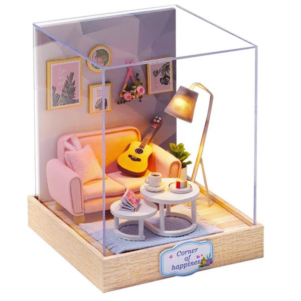 Architettura Casa fai da te Illuminazione fai da te Case delle bambole fatte a mano in miniatura Kit di assemblaggio Scatola Accessori per bambole carine Case di simulazione in legno Giocattoli Regalo per ragazze 231206