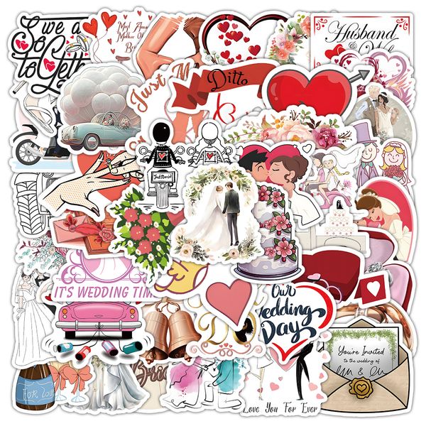 52 pezzi di decorazioni per matrimoni d'amore dolce coppia graffiti adesivi in PVC impermeabile confezione per frigorifero auto valigia laptop notebook tazza telefono scrivania custodia per skateboard bicicletta.