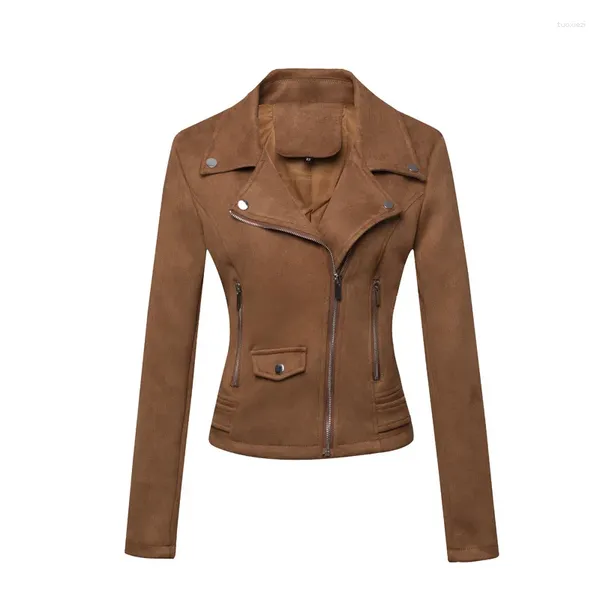 Женская меховая осень 2023, черно-коричневая куртка из искусственной замши для женщин, с длинным рукавом, с зубчатым воротником, на молнии, повседневная верхняя одежда, тонкое мотобайкерское пальто