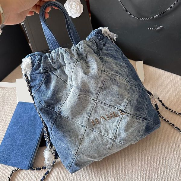 Mulheres lavadas gradiente azul cinza denim 22 cordão compras mochila sacos de mão superior com bolsa carteira prata metal hardware matelassê corrente bolsas 29x35cm