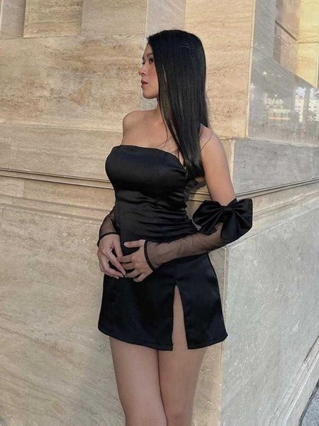 Vestidos casuais básicos vestidos casuais vestido de cetim preto sem alças split mini moda sexy verão roupas femininas magro curto sem costas