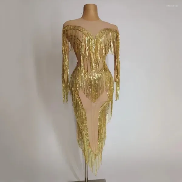 Bühne tragen Shinning Quasten Langarm Frauen Jazz Dance Kostüme Für Dame Führen Hohe Elastische Geburtstag Feiern Goldenes Kleid