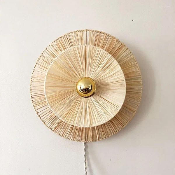 Lampada da parete Cerchio giapponese Luce antica fatta a mano in rattan di paglia Soggiorno decorativo Corridoio Camera da letto Comodino