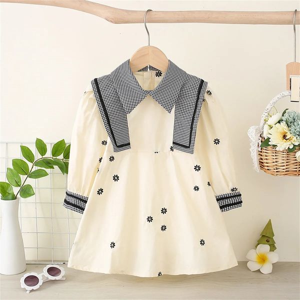 Girl's Dresses Long sleeved girl's dress New Spring/Summer fashionable casual lapel embroidery college style wide shoulder solid color dress 2312306