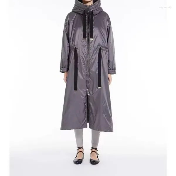 Mulheres Trench Coats Inverno Longo Cinza Com Capuz Parkas Zipper Mulheres Casaco Jaqueta Para