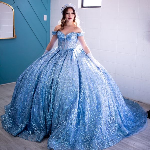 Sky Blue Glitter Kristall Pailletten Ballkleid Quinceanera Kleider Weg Von Der Schulter Spitze Perlen Korsett Vestidos De 15 Jahre