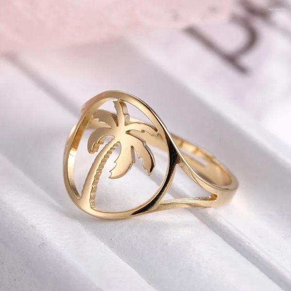 Anéis de cluster Dreamtimes Palm Tree Anel de dedo feminino de aço inoxidável cor de ouro festa ajustável presente para mulheres meninas jóias boêmias