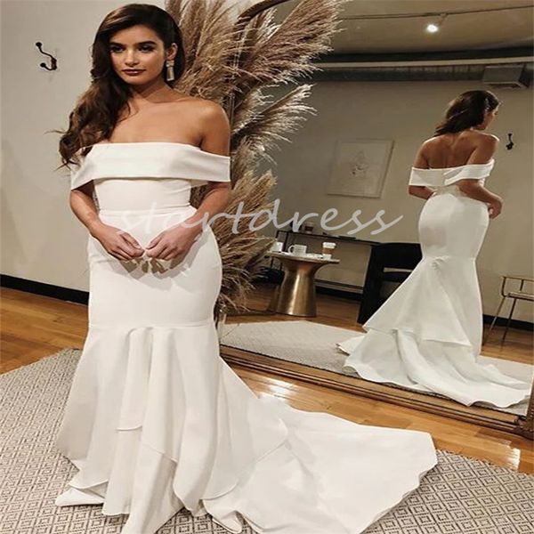 Semplice abito da sposa a sirena con spalle scoperte 2024 Scollo a barchetta in raso Sweep Train Country Boho Abito da sposa Elegante giardino Robes De Mariee Abiti da sposa De Novias Branco