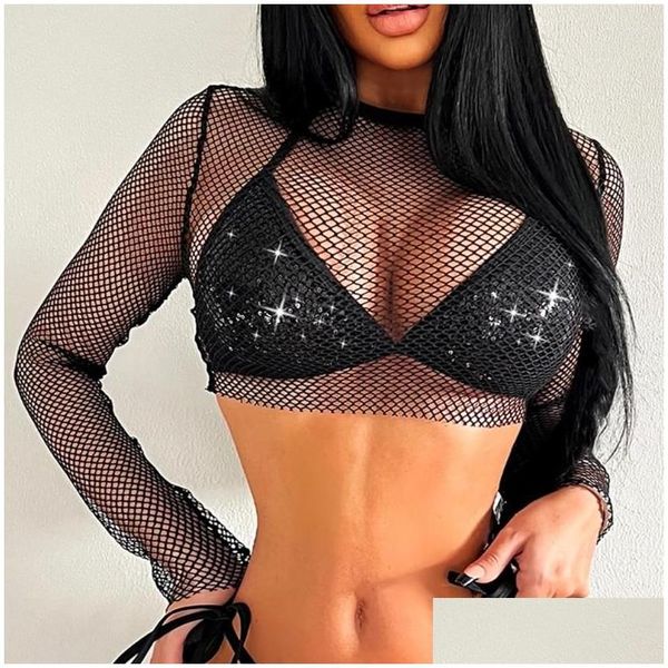 Kadın T-Shirt Kadın Tişörtleri Seksi Bodycon Gömlek Fishnet Uzun Kollu Düz Renk Siyah Kırpılmış Kısa Bluzlar Crewneck See-Through Dhpbk