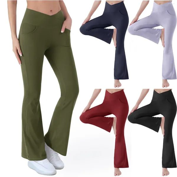 Pantaloni attivi Gamba svasata Pantaloni da yoga da donna Leggings sportivi elastici a vita alta Pantaloni da allenamento tinta unita Legging sportivo traspirante