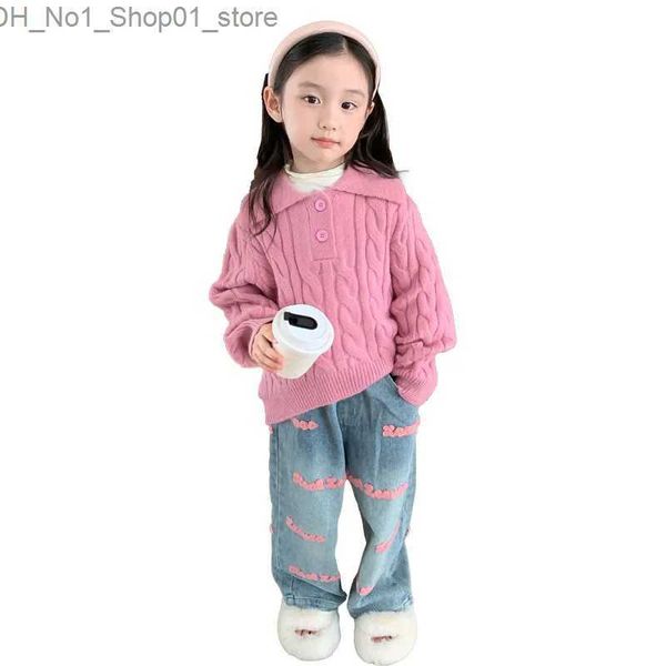 Strickjacke Kinder Mädchen Pullover Pullover Koreanische Neue Woolen Kleinkind Mädchen kinder Strickwaren Jeans Outfit Set Q231206