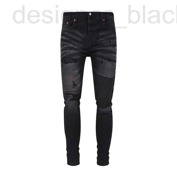 Jeans masculinos designer luxo roxo rua buraco 3d corte fino ajuste pés elásticos motocicleta na moda 6aq9