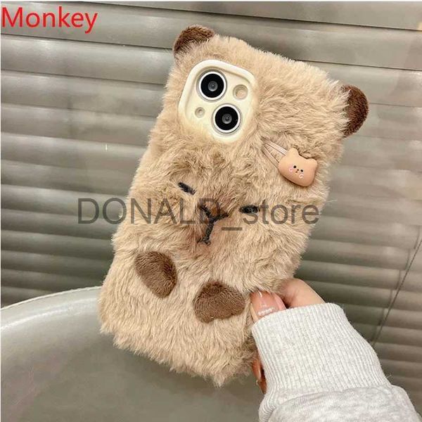 Cell Phone Cases Ins Korean Cute 3D Capybara Soft Case For iPhone 15 Pro Max Case 14 Plus 13 12 11 Winter Furry Fluffy Fur Shockproof Cover Coque J231206