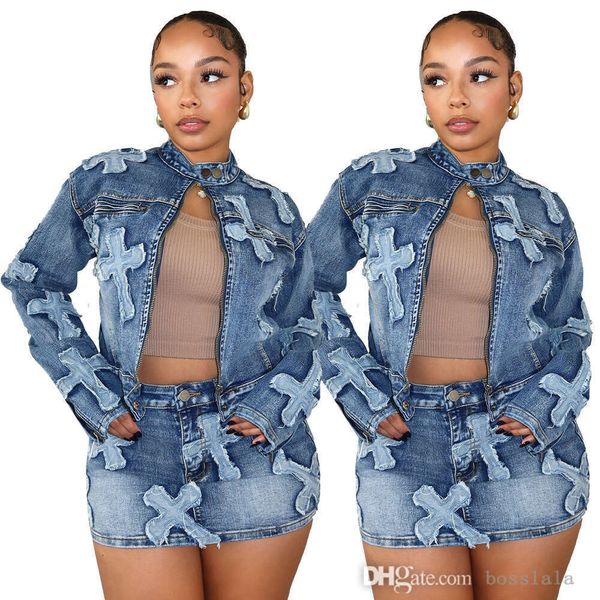 Frühlings-Neues Jeansrock-Set für Damen, modisches Designer-Set mit besticktem kurzen Rock und Jacke