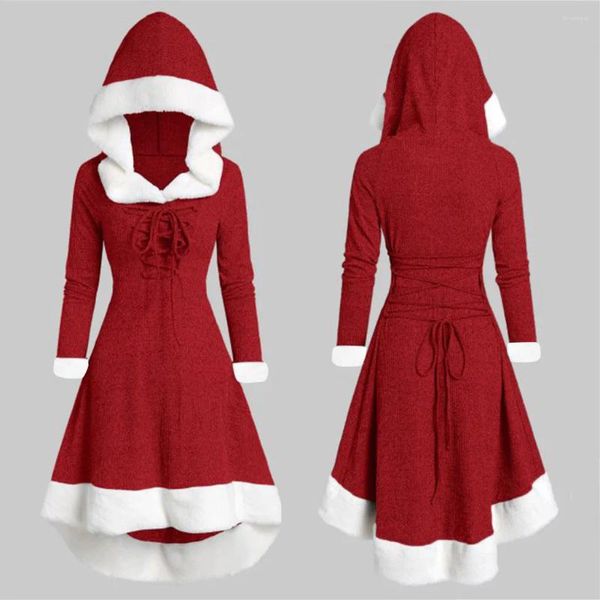 Freizeitkleider Damen Weihnachten Weihnachtsmann Kostüm Winter Pelzkragen Schnür-Patchwork Kapuzenkleid Plüsch Langarm Party Abschlussball Weihnachten