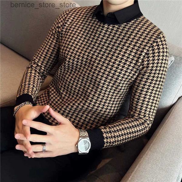 Suéteres masculinos falsos de duas peças espessadas camisa de inverno gola malha mil pássaros treliça macia impressão elástica casual slim fit suéteres quentes q231206