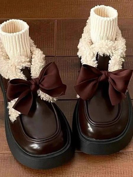 Elbise ayakkabıları kış Japon tatlı platform kadınlar sıcak yay vintage kawaii peluş peluş saf renk rahat rahat 2023 231206