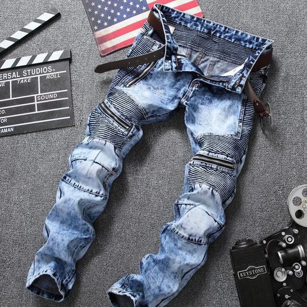 Мужские джинсы в европейском и американском стиле, прямая складная молния, мотоциклетная снежинка, высокое качество, большие размеры, распродажа, мужские джинсовые 231206