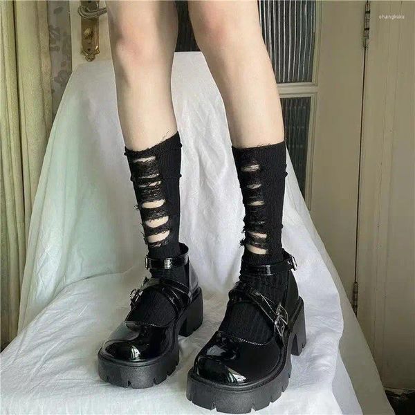 Frauen Socken Ripped Gothic Dark Gestrickte Mid Tube Hand Cut Y2k Mädchen Punk Harajuku Kleidung Zubehör