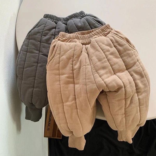 Calças estilo coreano inverno meninos meninas calças de três camadas algodão quente com bolsos cinza cáqui solto sweatpants leggings