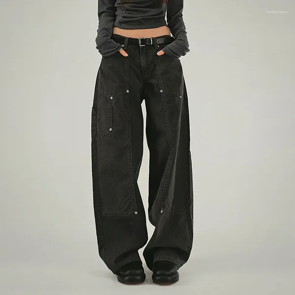 Женские джинсы, свободный крой в стиле ретро, джинсовая ткань с заклепками, весна 2024, весенние брюки с высокой талией, широкие повседневные прямые брюки для похудения для женщин