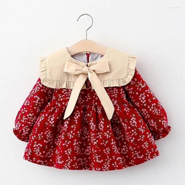 Vestidos de menina estilo coreano flor cintura alta bebê vestido de princesa arco na moda manga longa moda primavera a linha para crianças nascidas