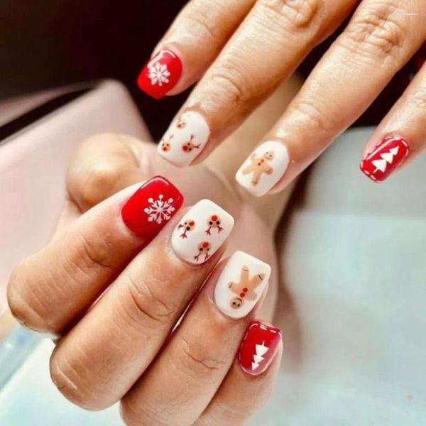 Unhas Falsas Longo Quadrado Árvore de Natal Imprensa Francesa em Floco de Neve Cobertura Completa Falso Nials Mulheres Meninas