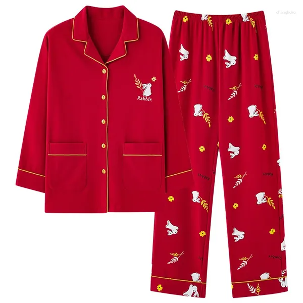Pijamas femininos outono inverno puro algodão manga comprida vermelho natal casa wear conjunto casual plus size pijamas feminino M-3XL
