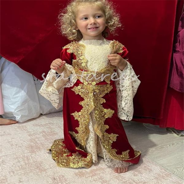 Uniqes Kaftan Marrocan Flower Girls Abiti Bellissimi bambini carini Ragazze Party Scenetta Pretty Baby bambine spettacolo Principessa Pizzo Manica lunga Oro Applqiues Compleanno