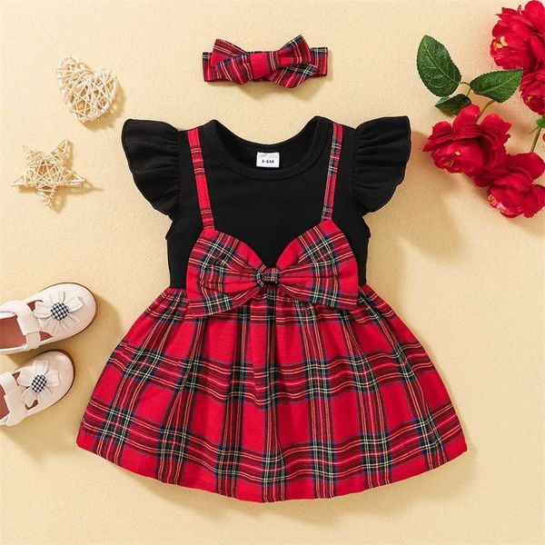 Mädchenkleider 0–36 Monate altes Baby-Kleid-Set, lässiges kariertes Weihnachtskleid und Stirnband, Baby-Mädchen-Weihnachtsparty-Kleid 2312306