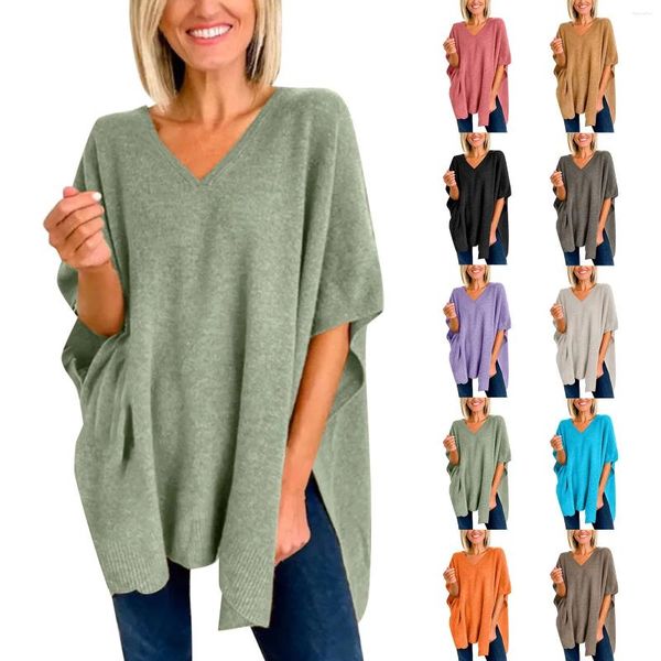 Женские свитера, однотонный пуловер, свитер с v-образным вырезом, полосатый вязаный модный пончо, свободная накидка