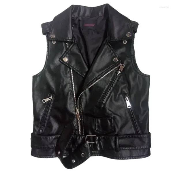 Couro feminino preto sem mangas pu jaquetas de inverno topos cinto veste motocicleta outerwear colete rebite coletes gilet