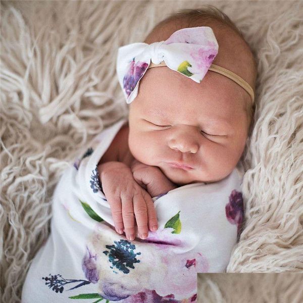 Cobertores Swaddling Bebê Crianças Headband Bow para Menina Nylon Cobertor Dddle Impresso Sleep Sack Set Recém-nascido Turbante Accessoire Presente Drop Deliv Dhg8m