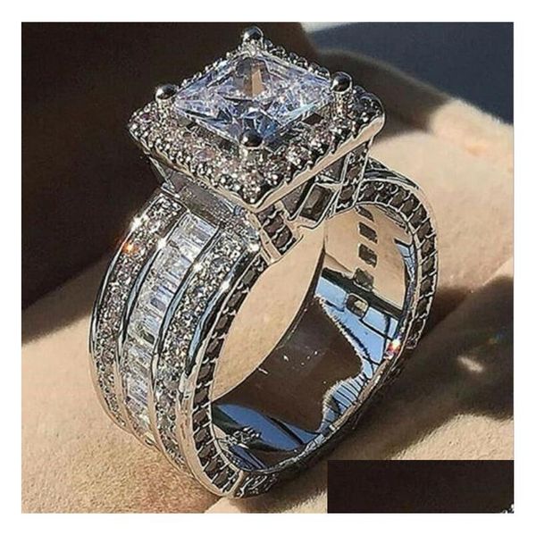 Anneaux de mariage Choucong Unique Bijoux de luxe 925 Sterling Sier Gold Fill Princess Cut Whie Topaz Cz Diamond Party Eternity Femmes Weddi Dhejb