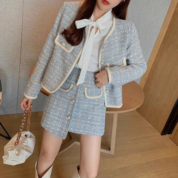 Duas peças vestido outono elegante xadrez tweed saia define mulheres o-pescoço manga comprida jaquetas mini saias irregulares terno coreano feminino outfits 231205