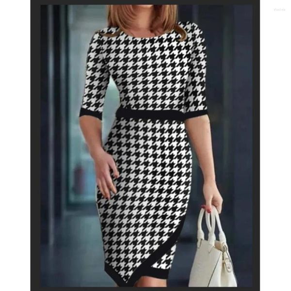 Vestidos casuais sexy bainha midi vestido mulheres 2024 primavera o-pescoço meia manga saco hip elegante houndstooth painéis escritório bodycon robe