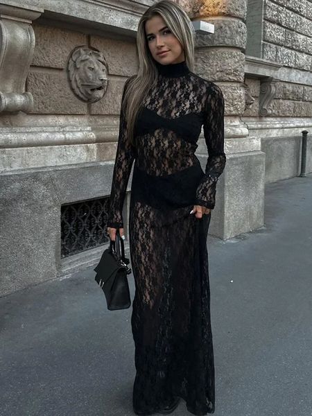 Городские сексуальные платья Robe noire en maille Transparente et dentelle pour Femmes Manches Longues Gaine sensuelle Tambour de Gaine sexy 231206