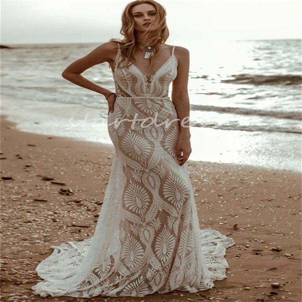 Abito da sposa da spiaggia in pizzo pieno Destinazione Elegante abito da sposa a sirena all'uncinetto Hippies 2024 Abiti da sposa sexy senza spalline Boho Bohemian Garden Country