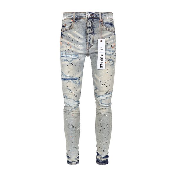 Jeans viola moda di strada Jeans strappati attillati skinny elasticizzati retrò azzurro da uomo Pantaloni di marca Hip Hop firmati dipinti